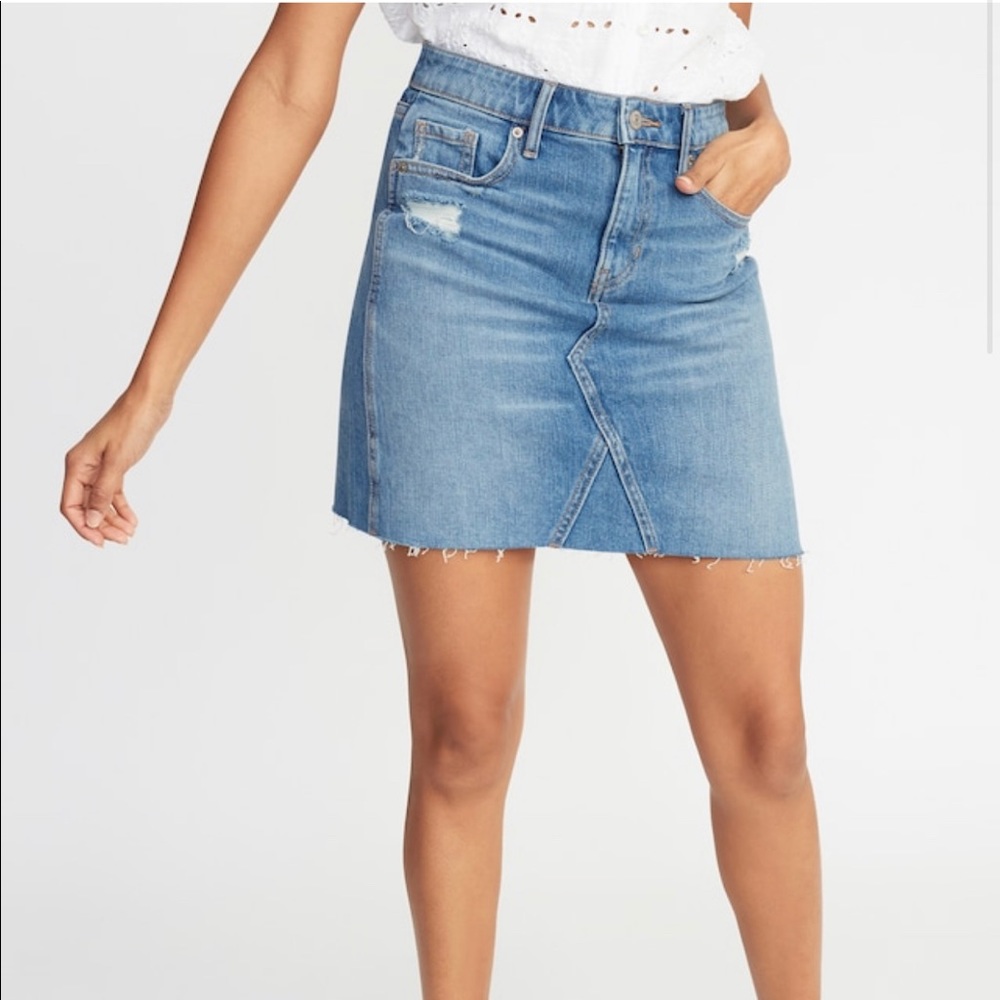 High Rise Frayed Hem Jean Skirt